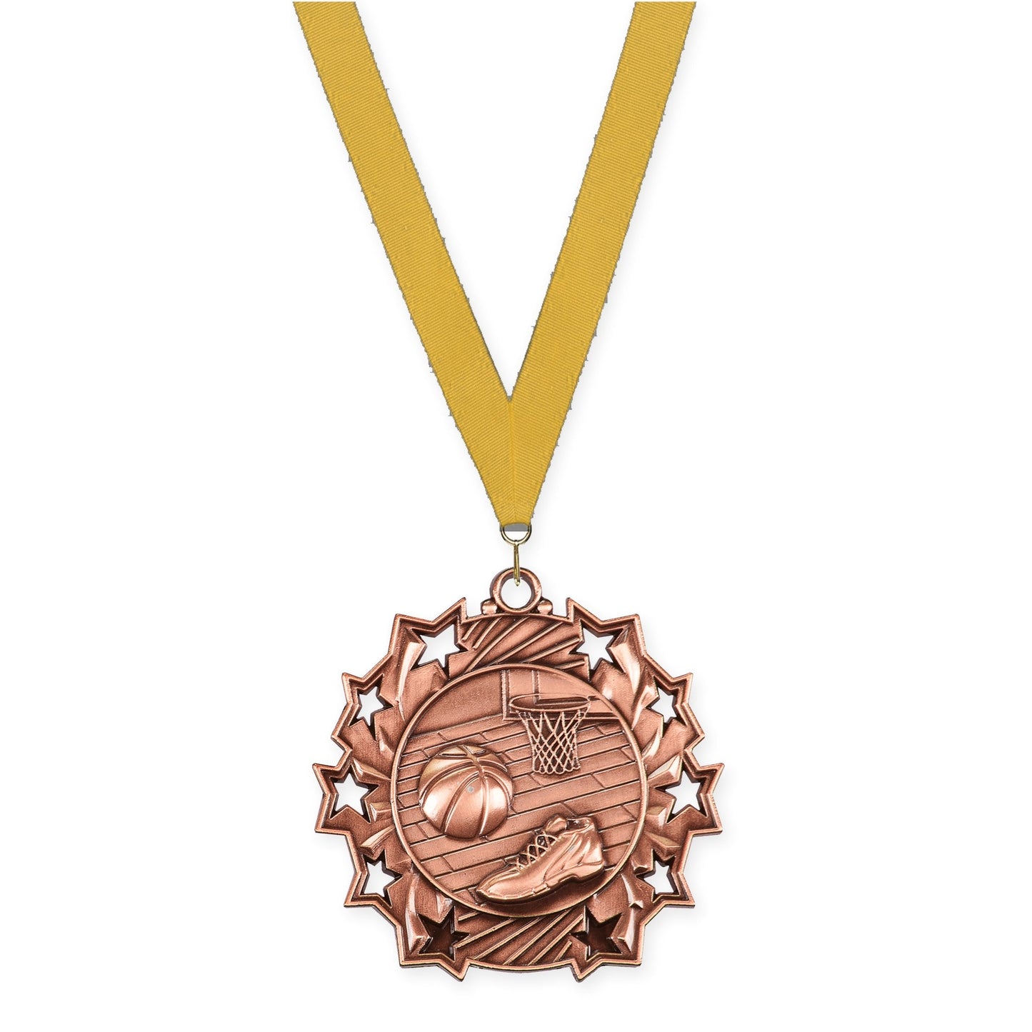 2 1/4 inch basketball Ten Star medal in antique bronze with Gold neck ribbon