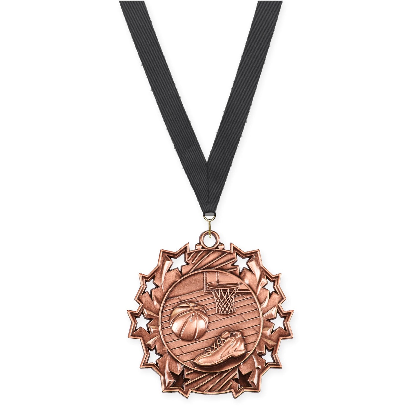 2 1/4 inch basketball Ten Star medal in antique bronze with Black neck ribbon