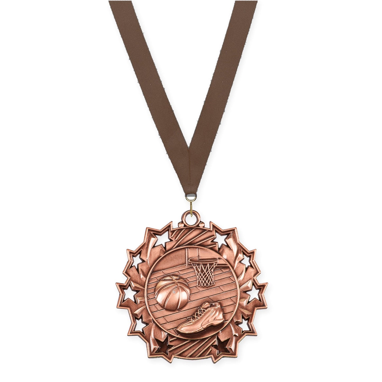2 1/4 inch basketball Ten Star medal in antique bronze with Brown neck ribbon