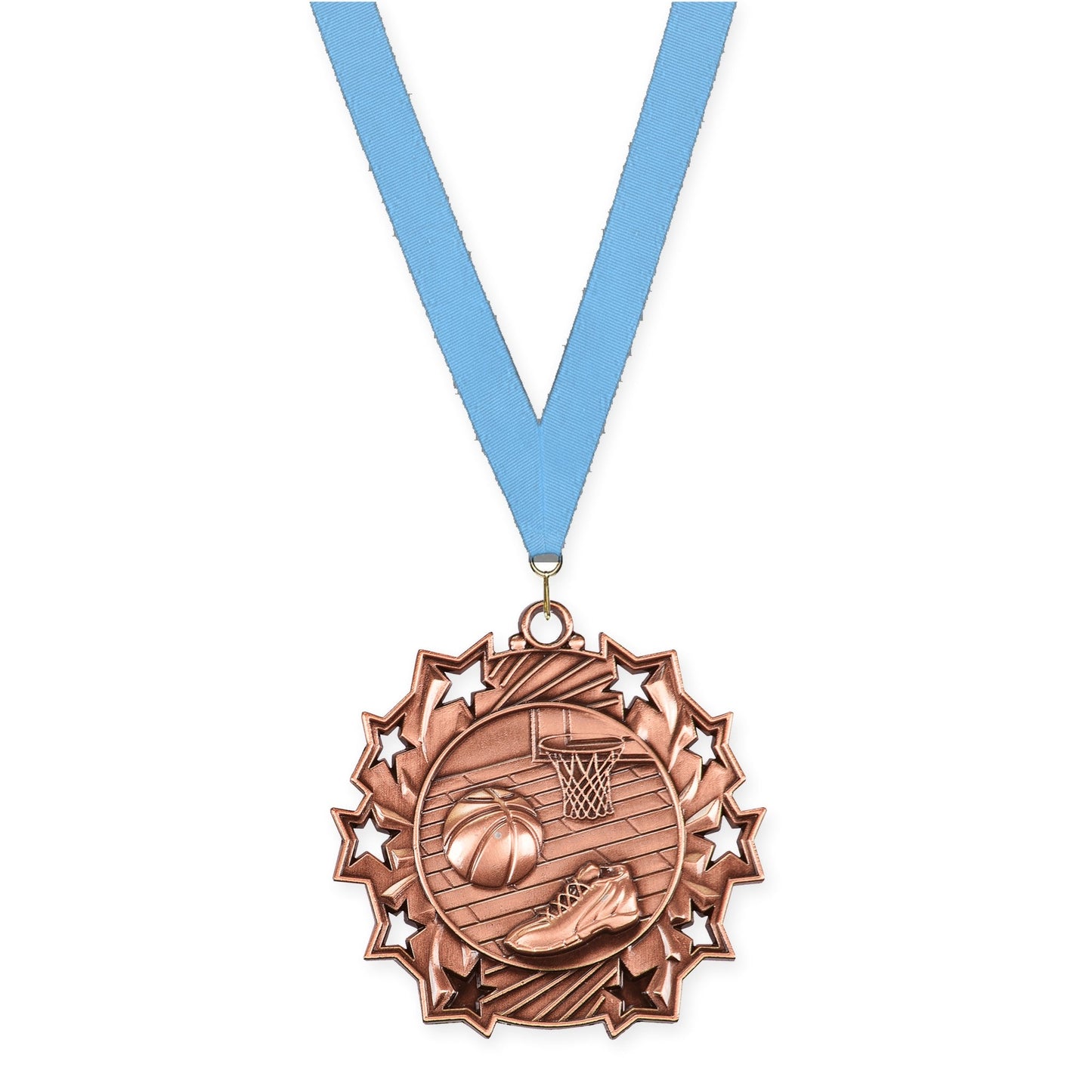 2 1/4 inch basketball Ten Star medal in antique bronze with Light Blue neck ribbon