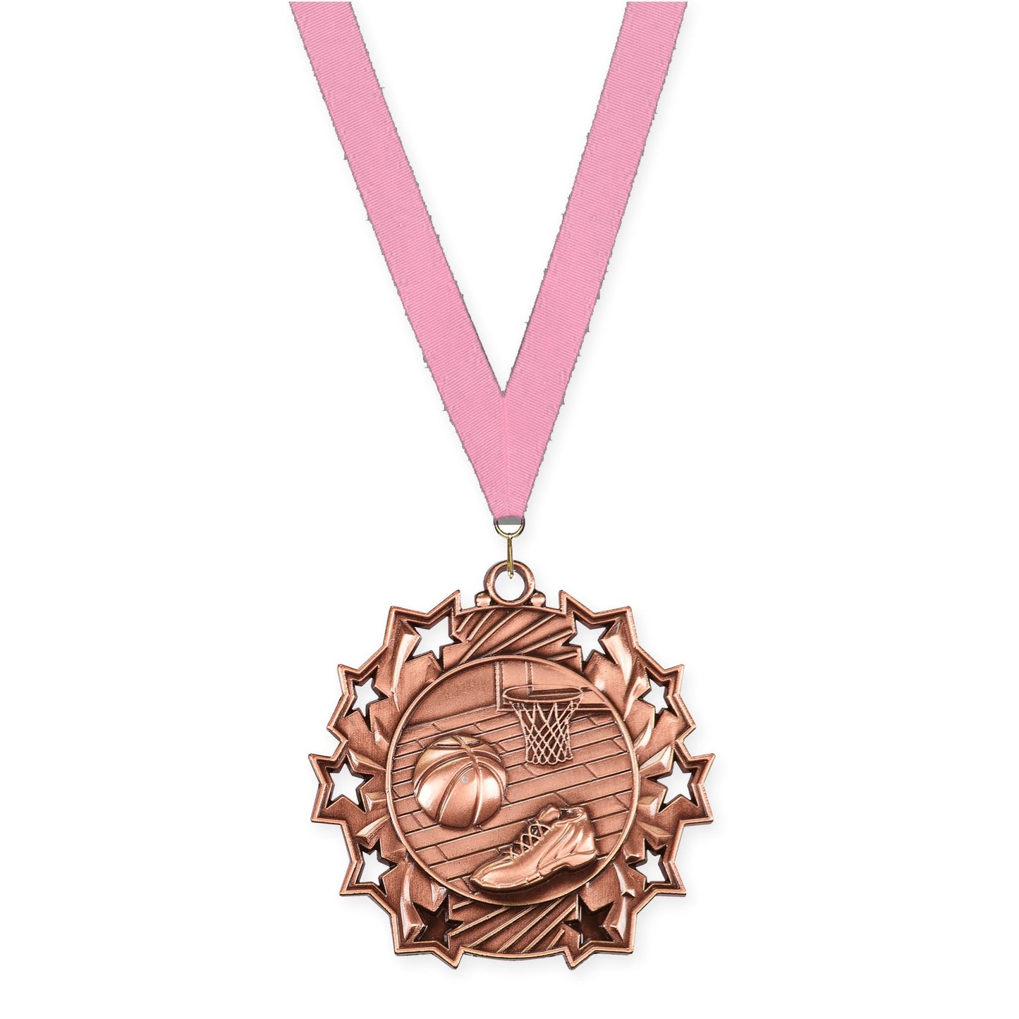 2 1/4 inch basketball Ten Star medal in antique bronze with Pink neck ribbon