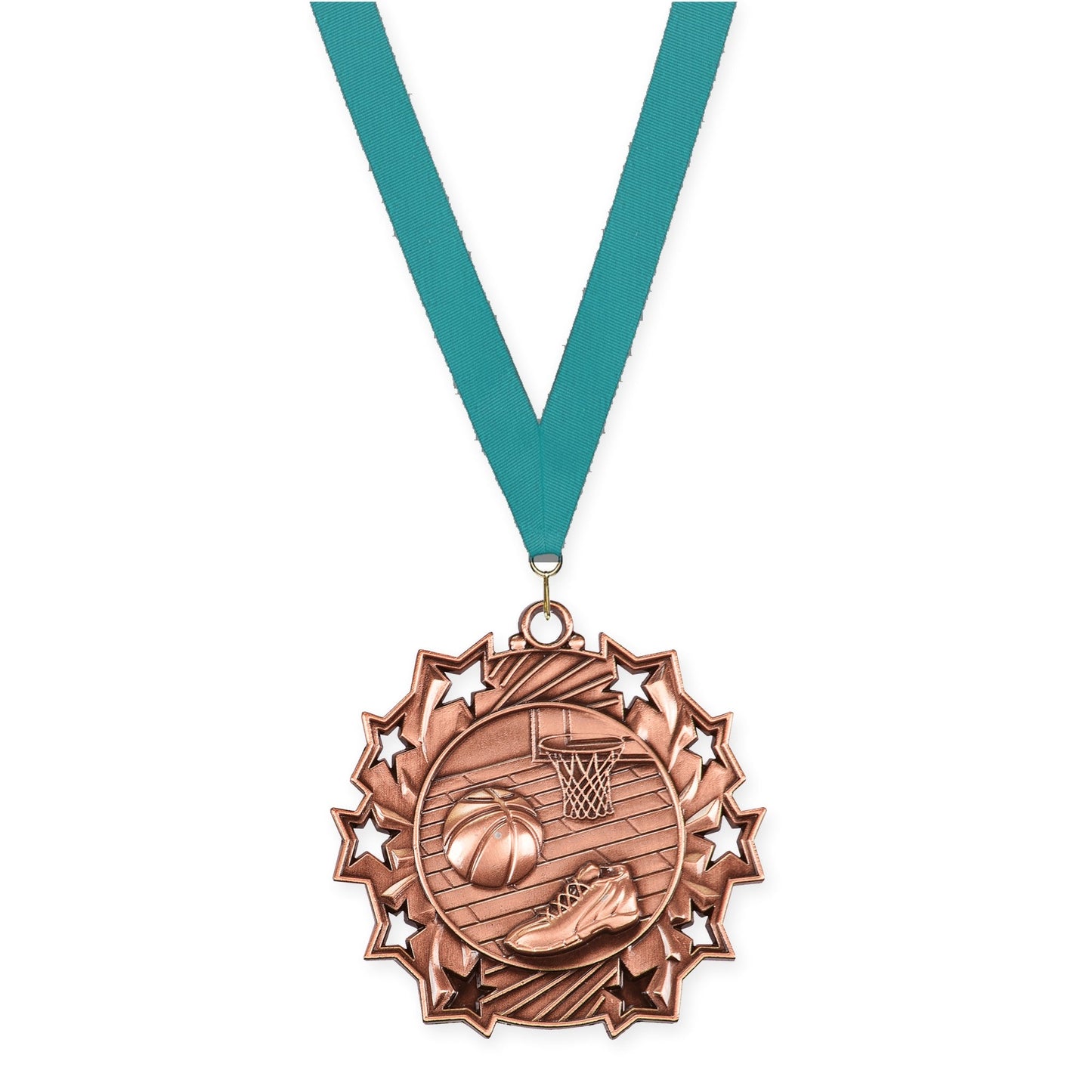 2 1/4 inch basketball Ten Star medal in antique bronze with Teal neck ribbon