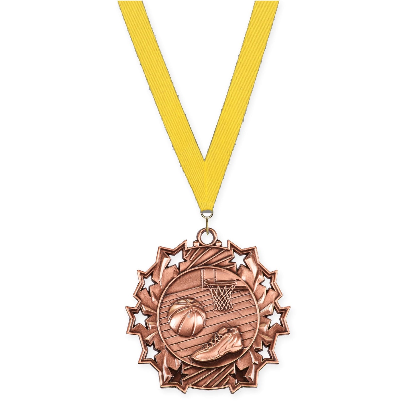 2 1/4 inch basketball Ten Star medal in antique bronze with Yellow neck ribbon