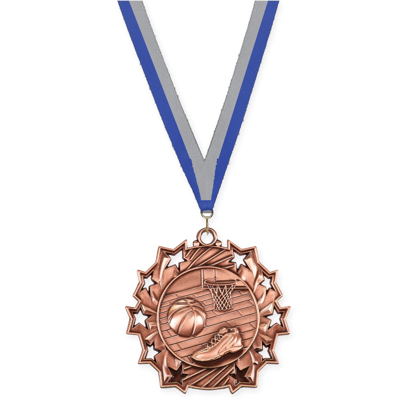 2 1/4 inch basketball Ten Star medal in antique bronze with Blue Gray neck ribbon
