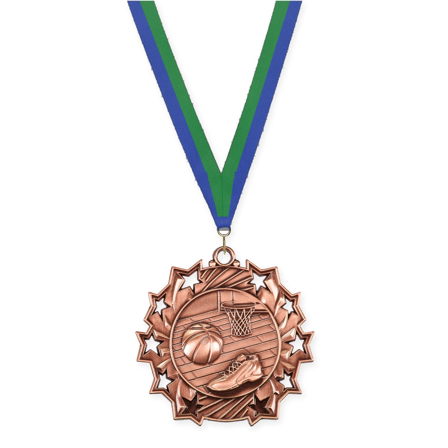 2 1/4 inch basketball Ten Star medal in antique bronze with Blue Green neck ribbon