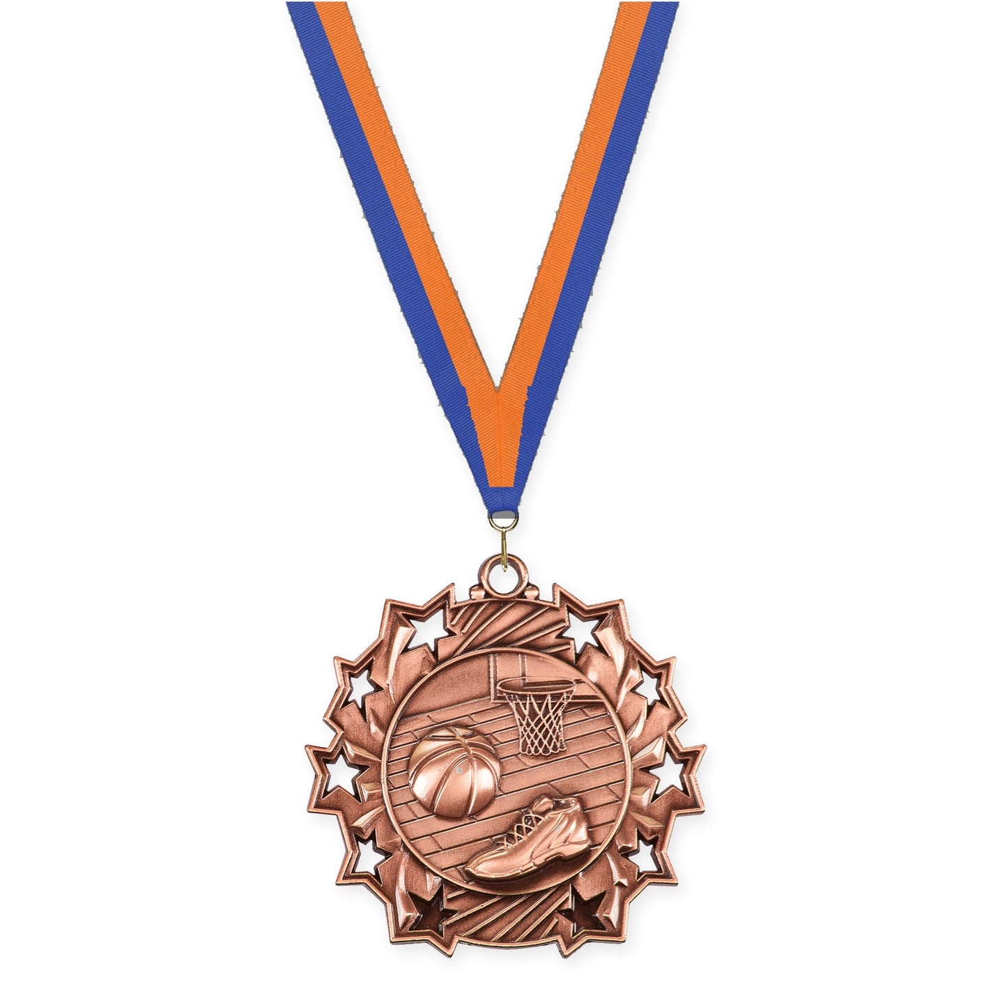 2 1/4 inch basketball Ten Star medal in antique bronze with Blue Orange neck ribbon