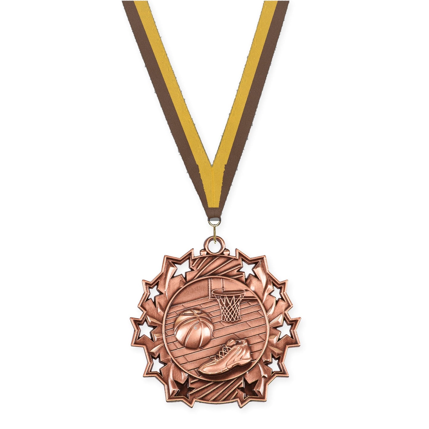 2 1/4 inch basketball Ten Star medal in antique bronze with Brown Gold neck ribbon