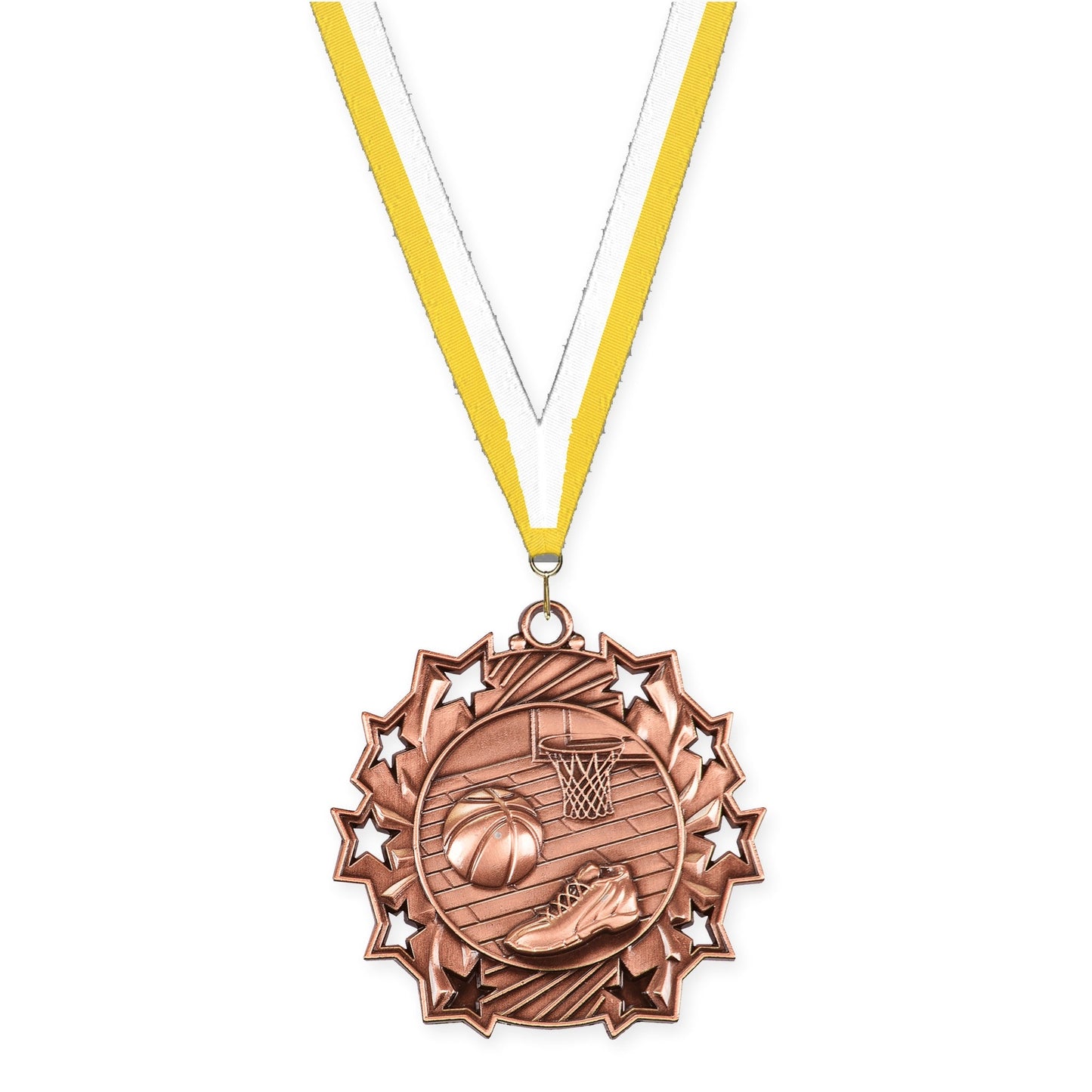 2 1/4 inch basketball Ten Star medal in antique bronze with Yellow White neck ribbon