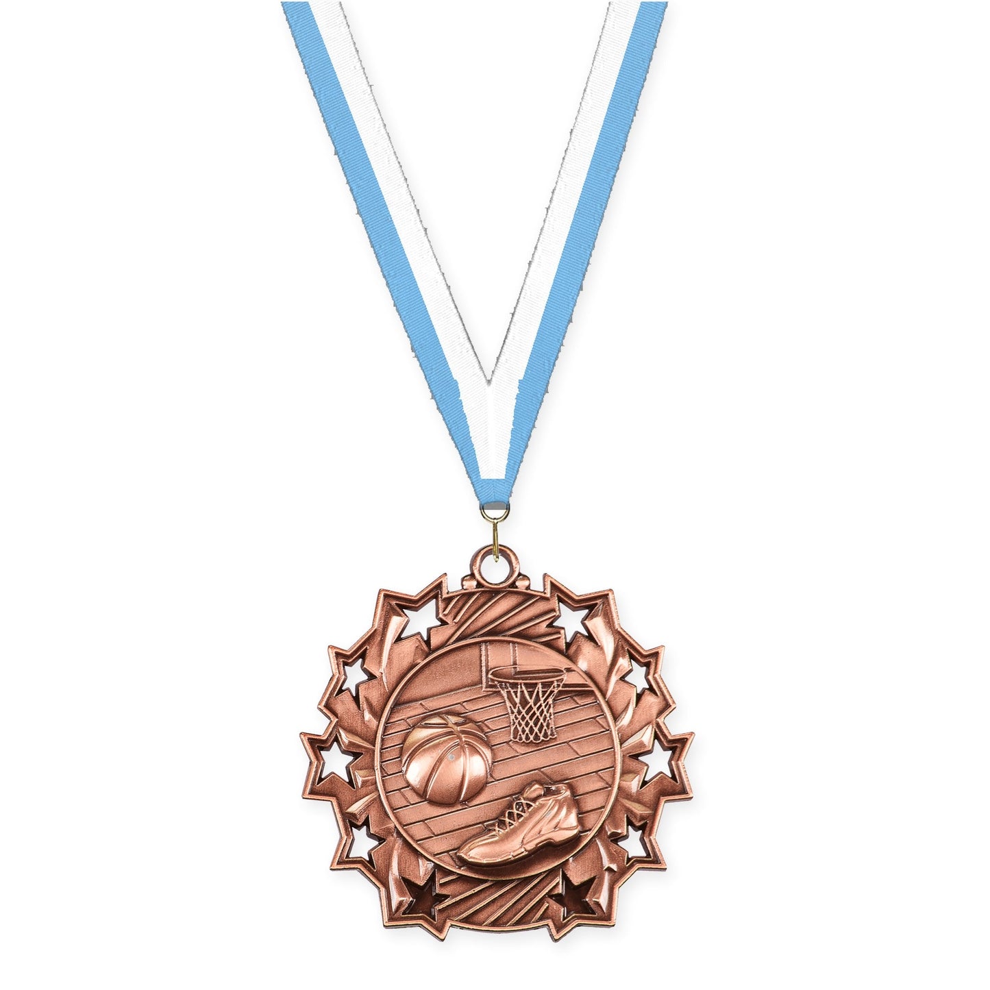 2 1/4 inch basketball Ten Star medal in antique bronze with Light Blue White neck ribbon