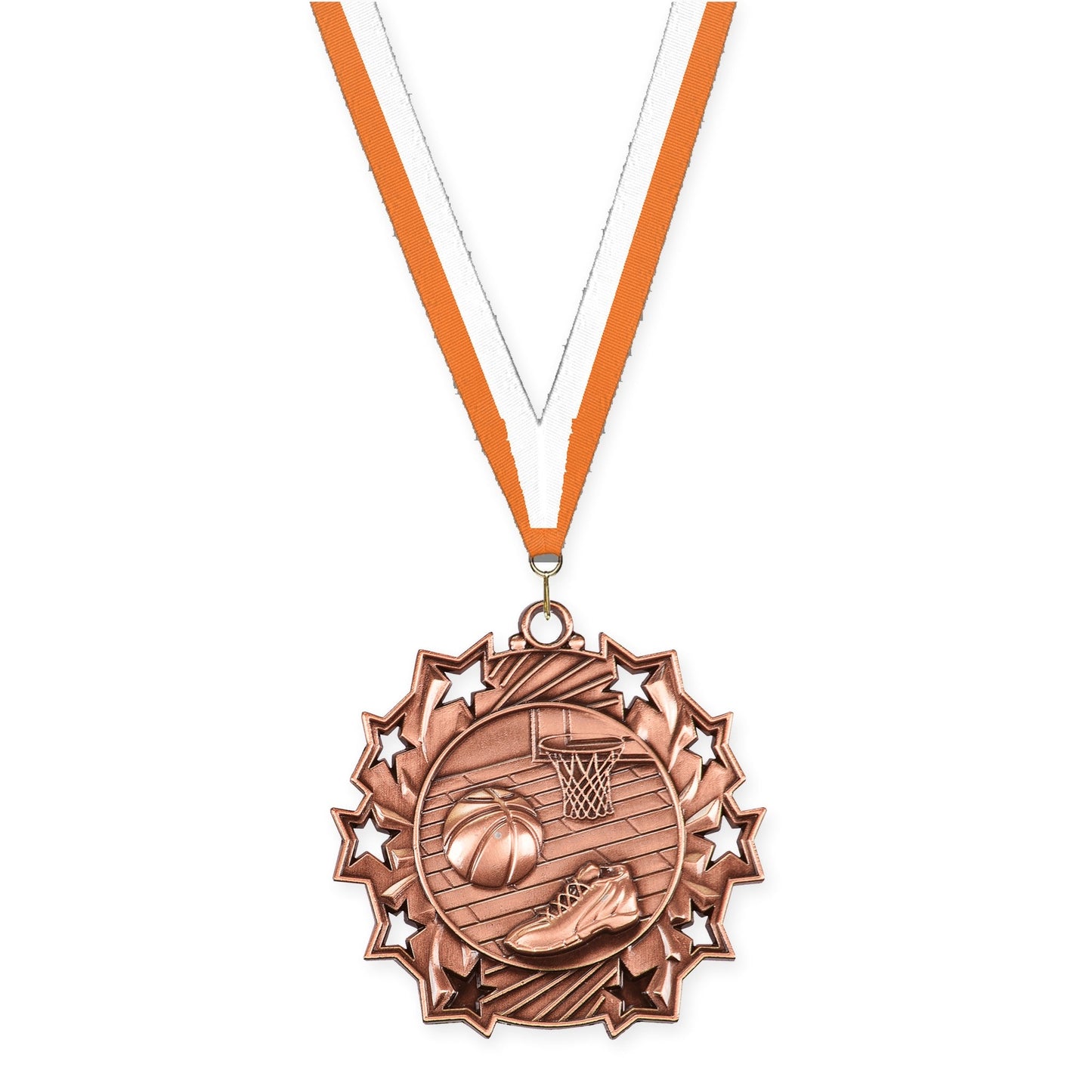 2 1/4 inch basketball Ten Star medal in antique bronze with Orange White neck ribbon