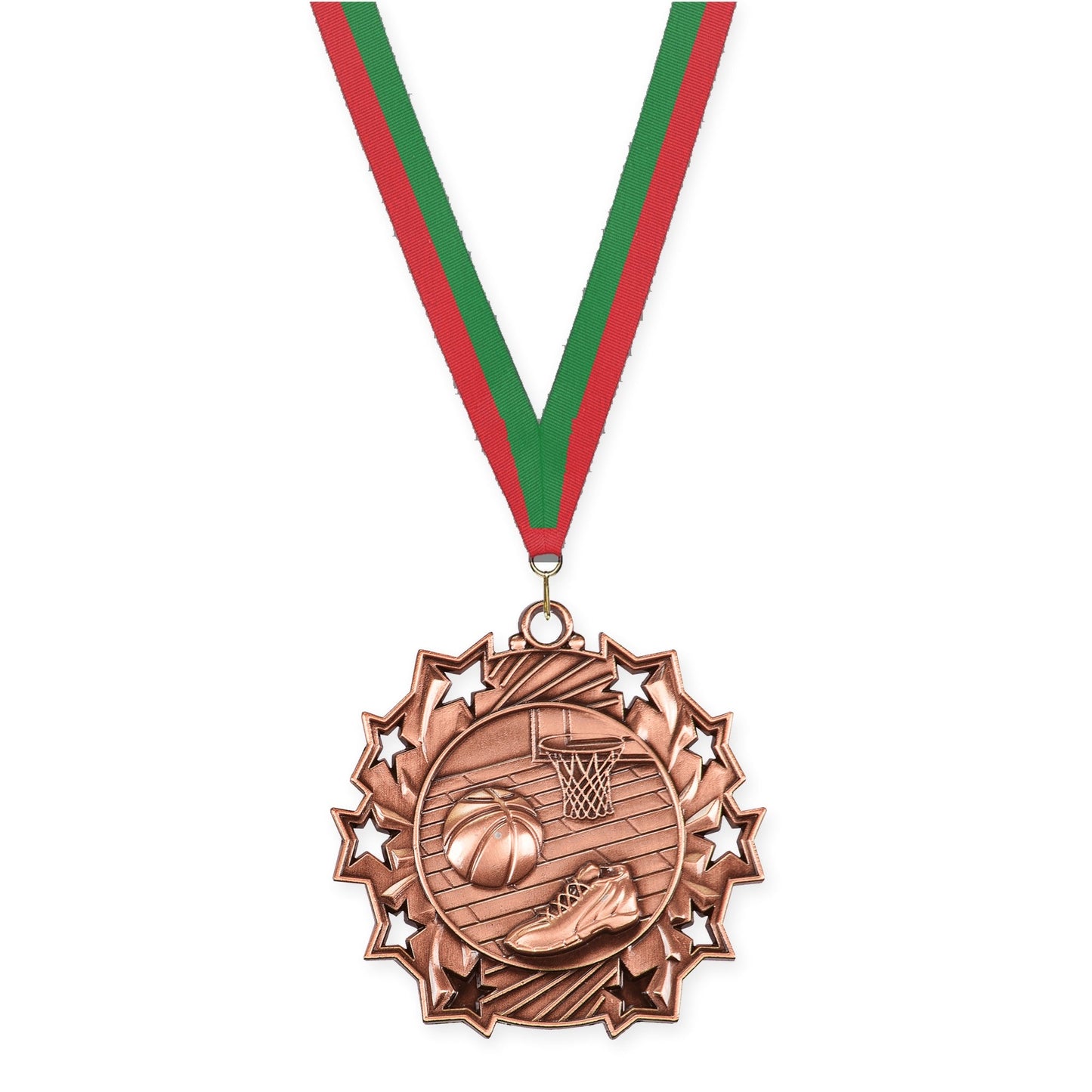 2 1/4 inch basketball Ten Star medal in antique bronze with Red Green neck ribbon