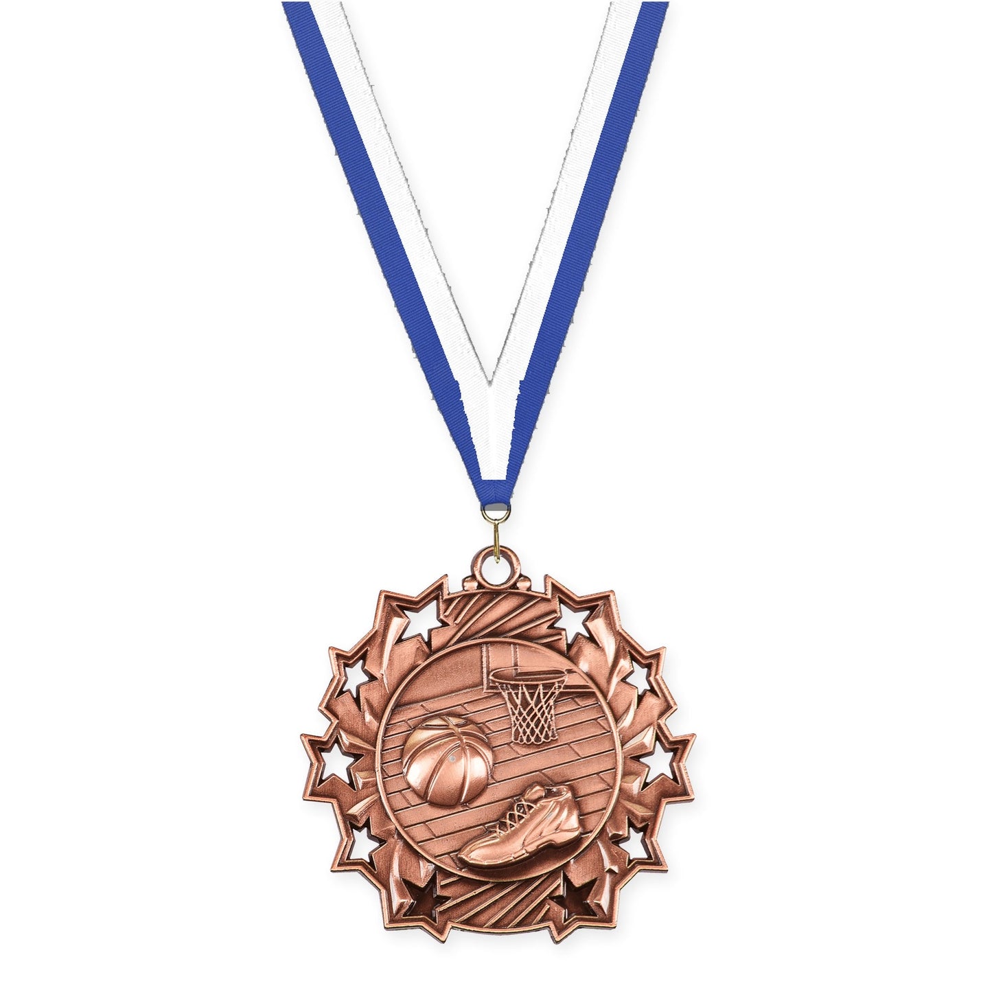 2 1/4 inch basketball Ten Star medal in antique bronze with Blue White neck ribbon