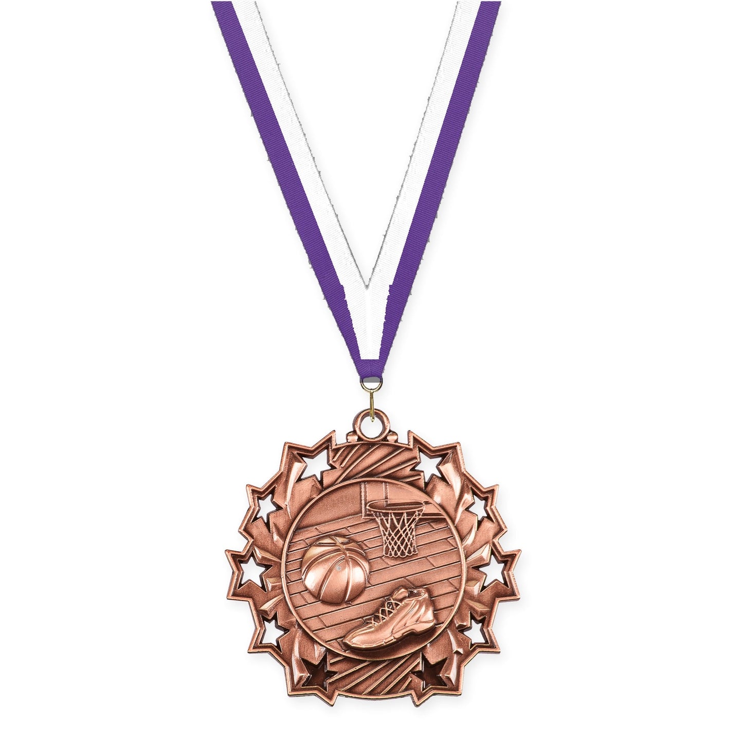 2 1/4 inch basketball Ten Star medal in antique bronze with Purple White neck ribbon