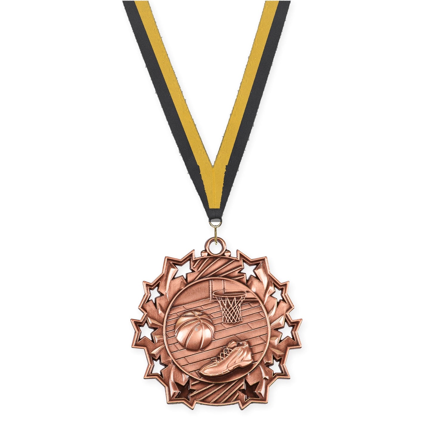 2 1/4 inch basketball Ten Star medal in antique bronze with Black Gold neck ribbon