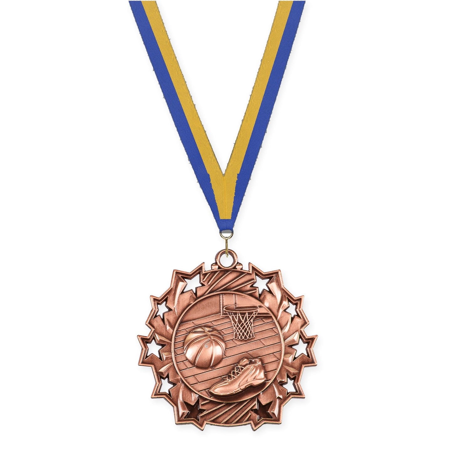 2 1/4 inch basketball Ten Star medal in antique bronze with Blue Gold neck ribbon