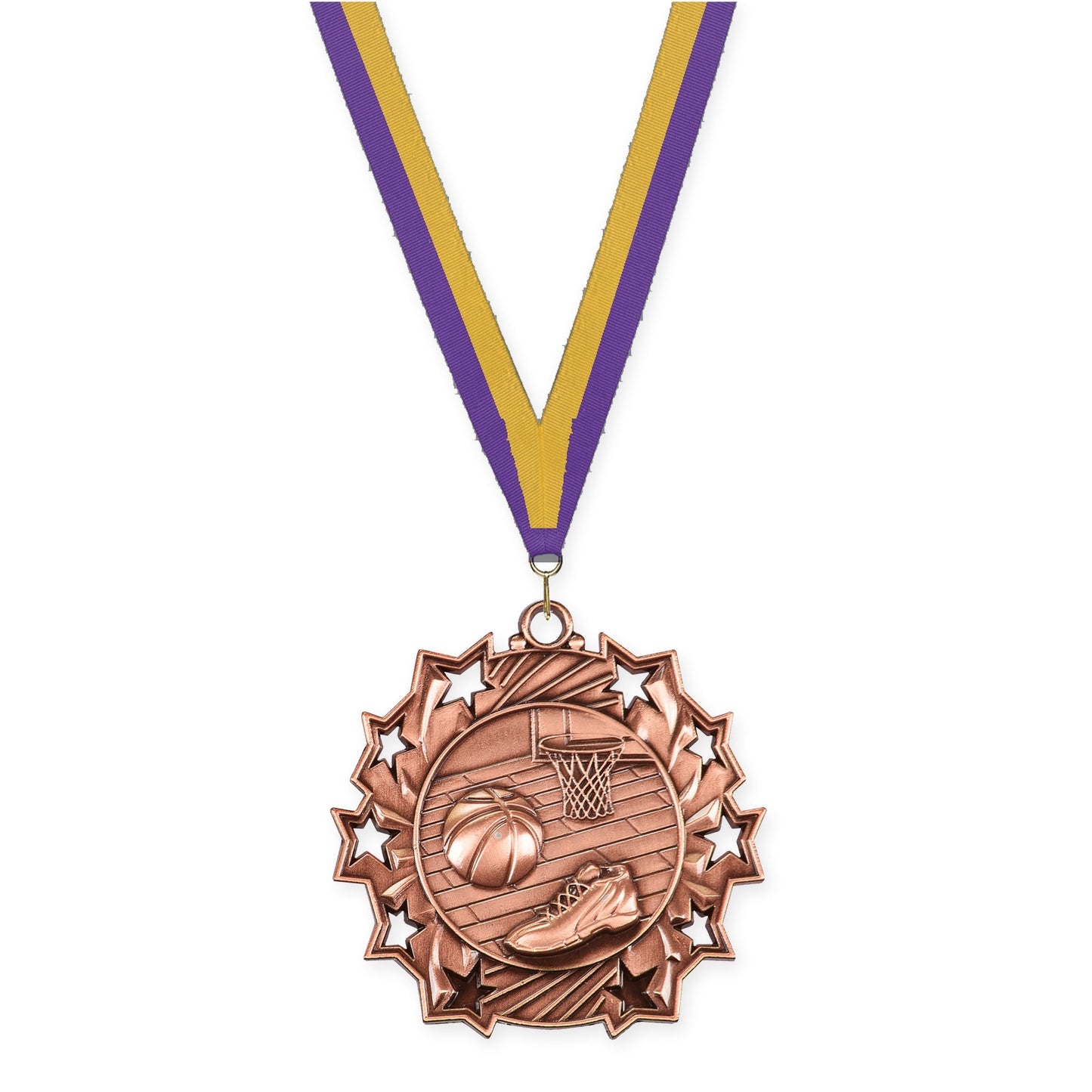 2 1/4 inch basketball Ten Star medal in antique bronze with Purple Gold neck ribbon