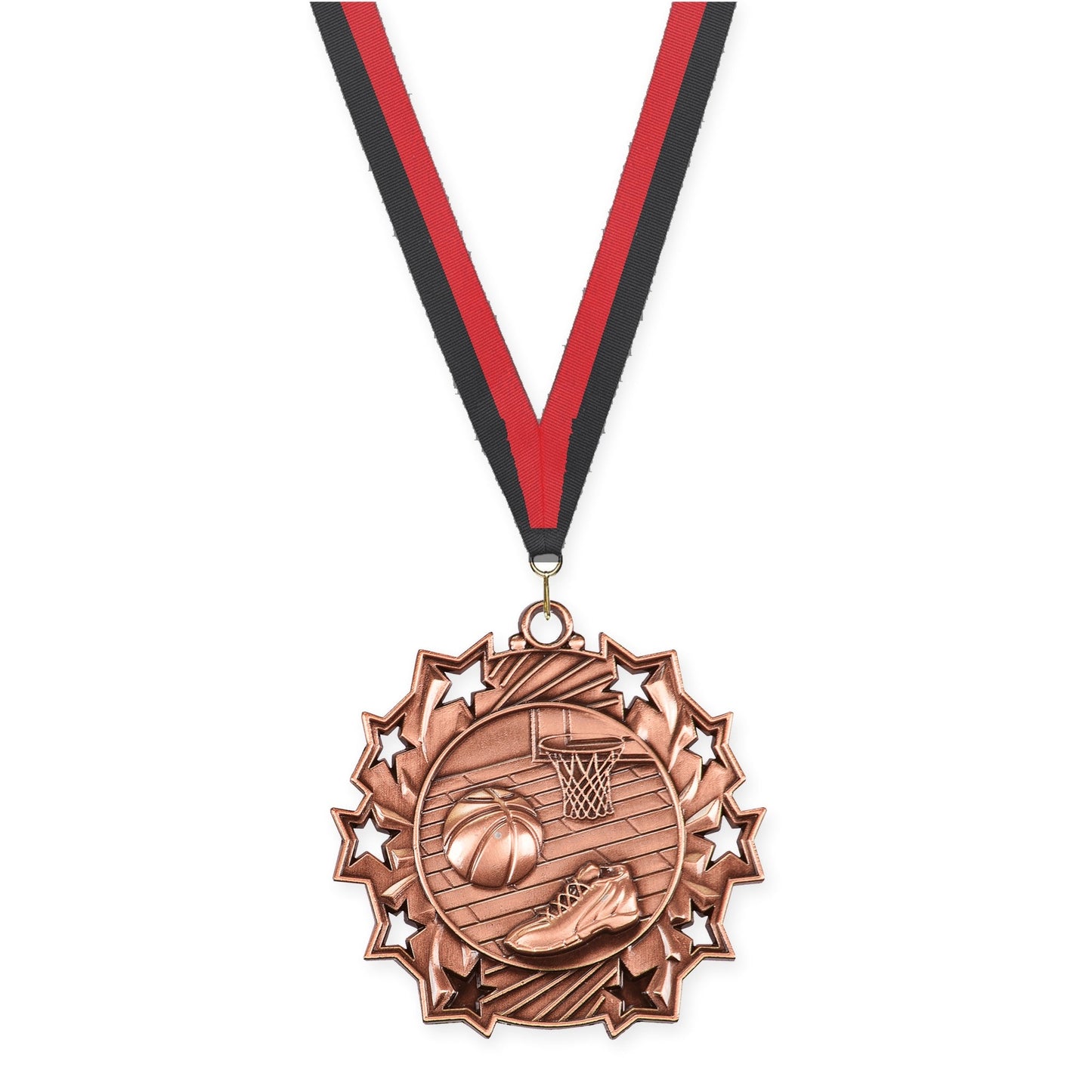 2 1/4 inch basketball Ten Star medal in antique bronze with Black Red neck ribbon