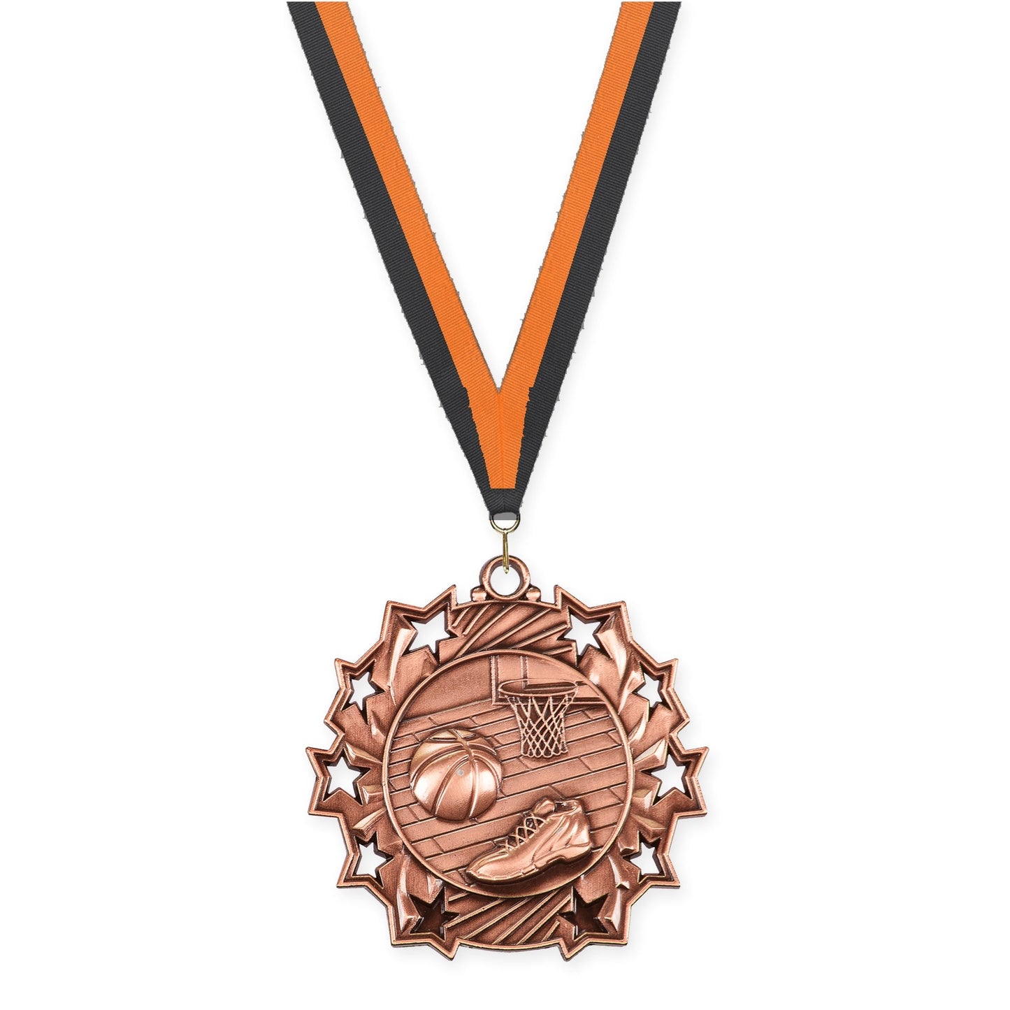 2 1/4 inch basketball Ten Star medal in antique bronze with Black Orange neck ribbon