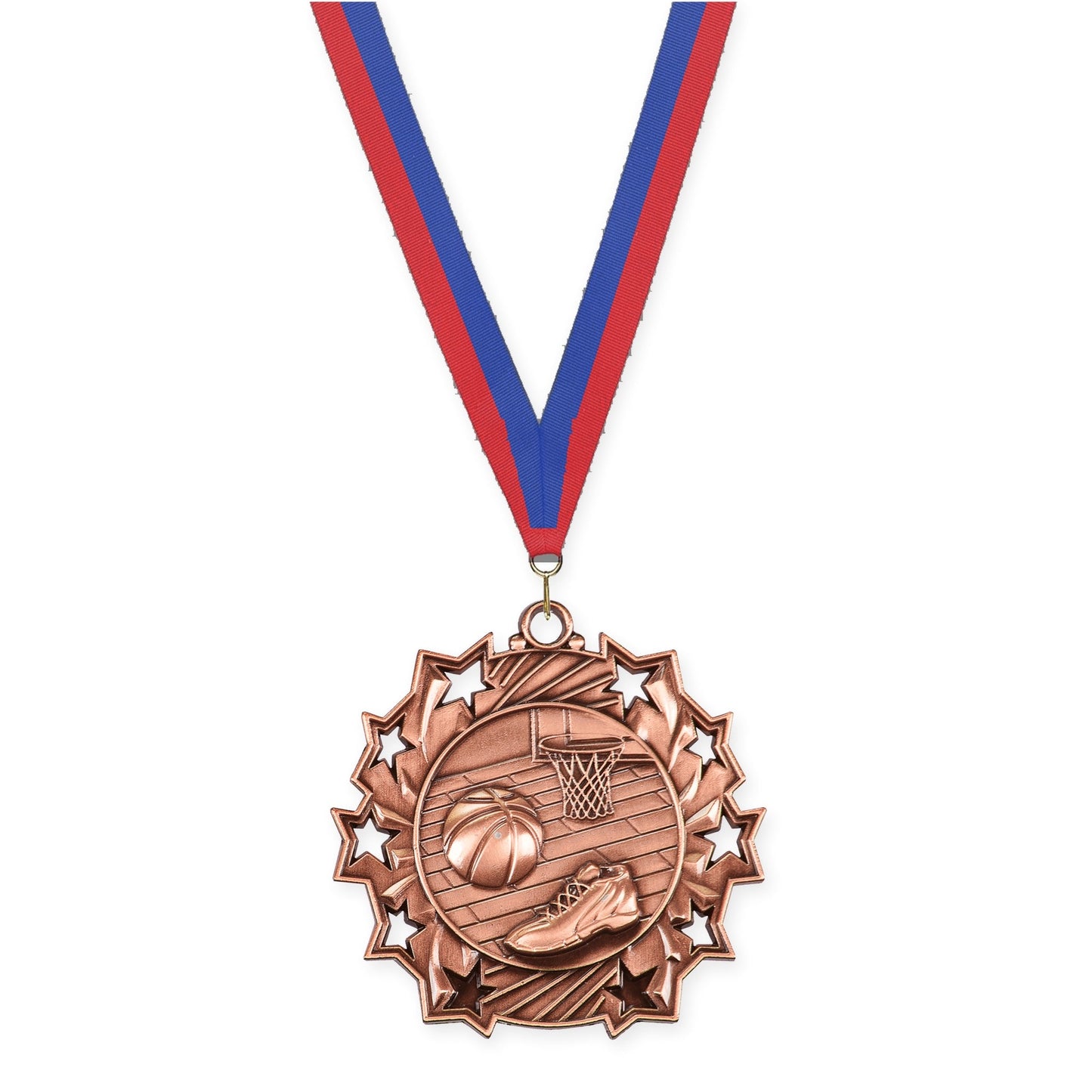 2 1/4 inch basketball Ten Star medal in antique bronze with Blue Red neck ribbon