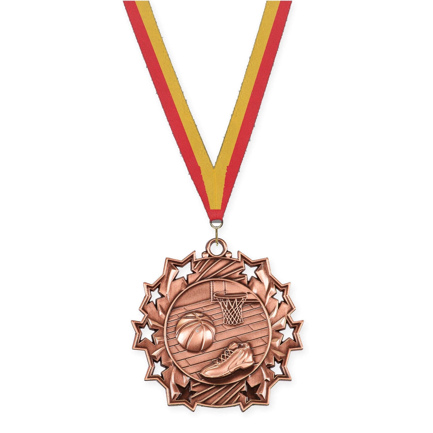 2 1/4 inch basketball Ten Star medal in antique bronze with Red Gold neck ribbon