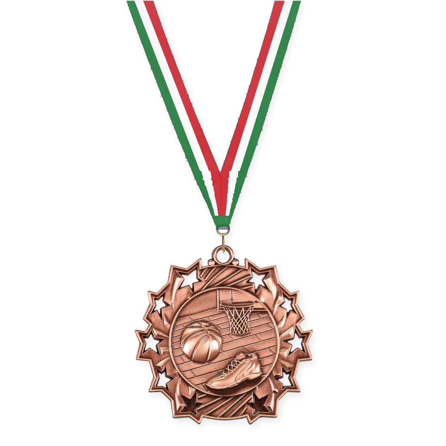 2 1/4 inch basketball Ten Star medal in antique bronze with Green White Red neck ribbon
