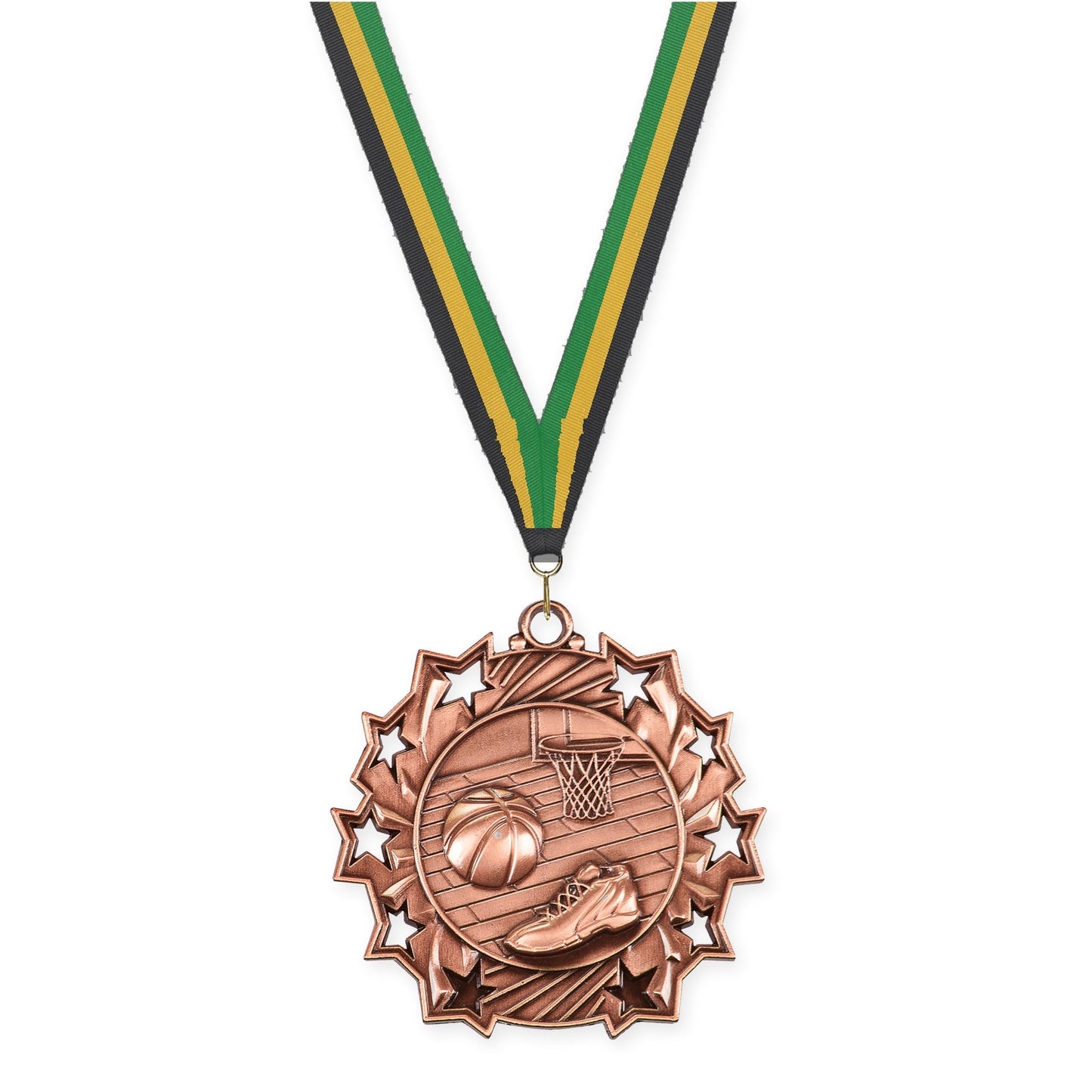2 1/4 inch basketball Ten Star medal in antique bronze with Black Gold Green neck ribbon