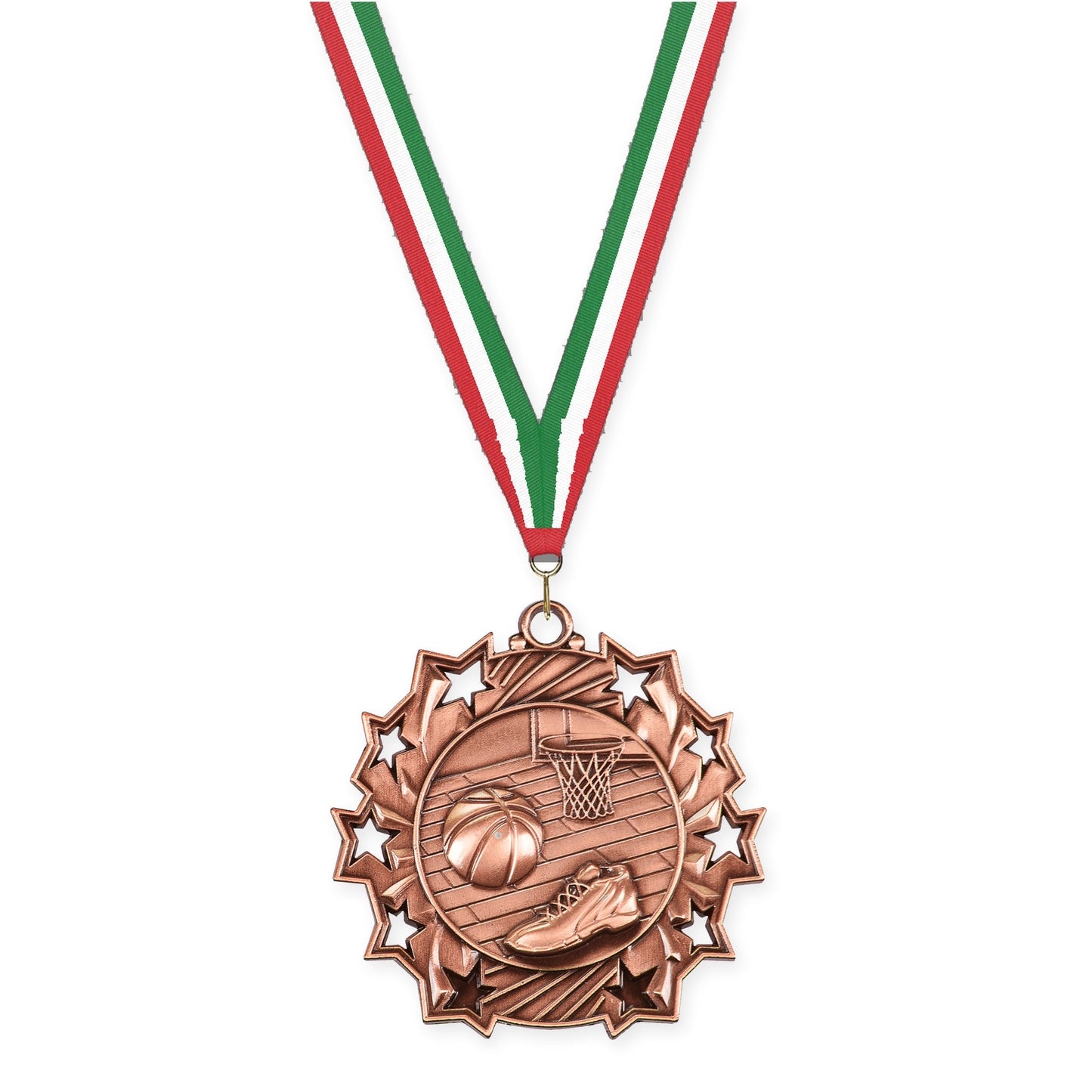 2 1/4 inch basketball Ten Star medal in antique bronze with Red White Green neck ribbon