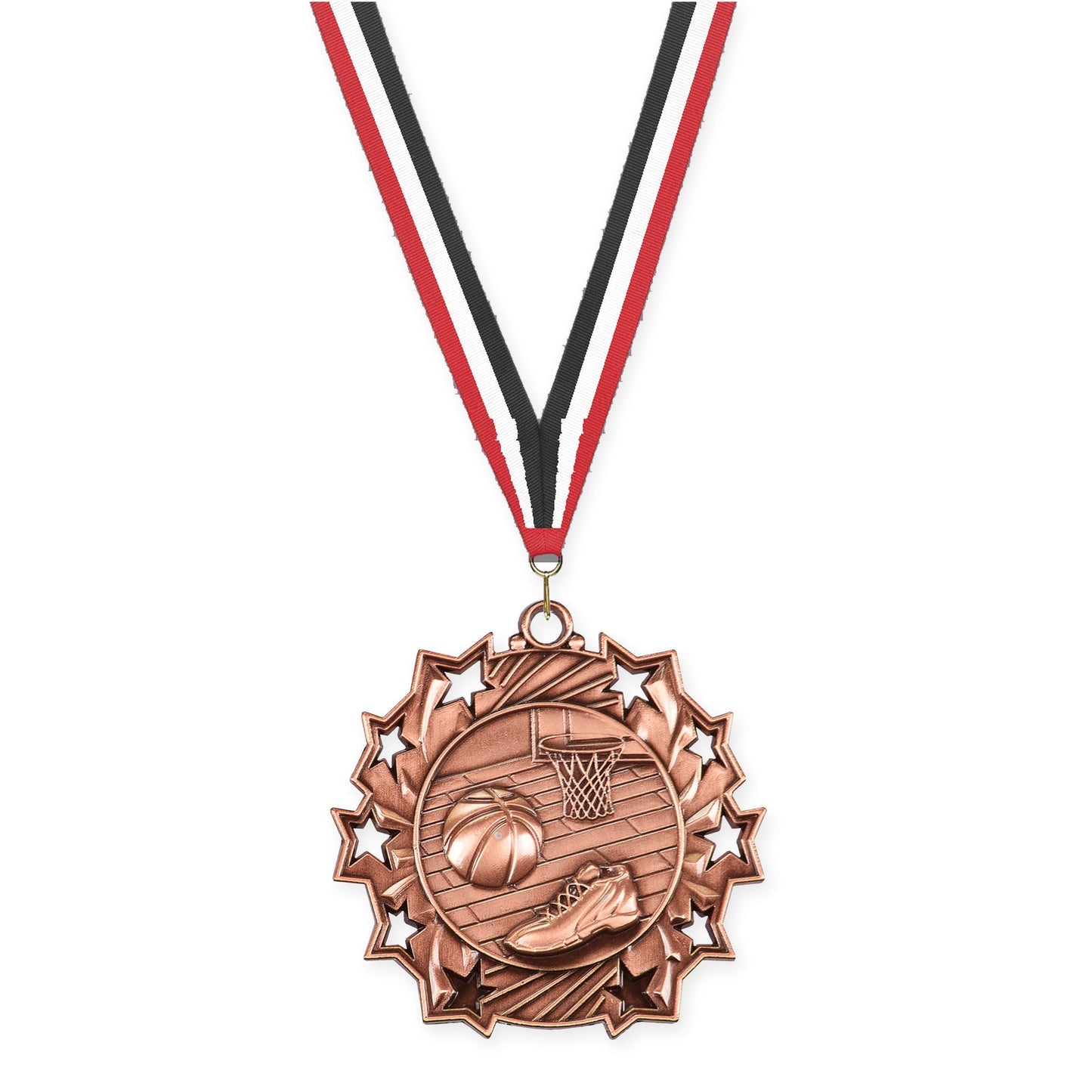2 1/4 inch basketball Ten Star medal in antique bronze with Red White Black neck ribbon