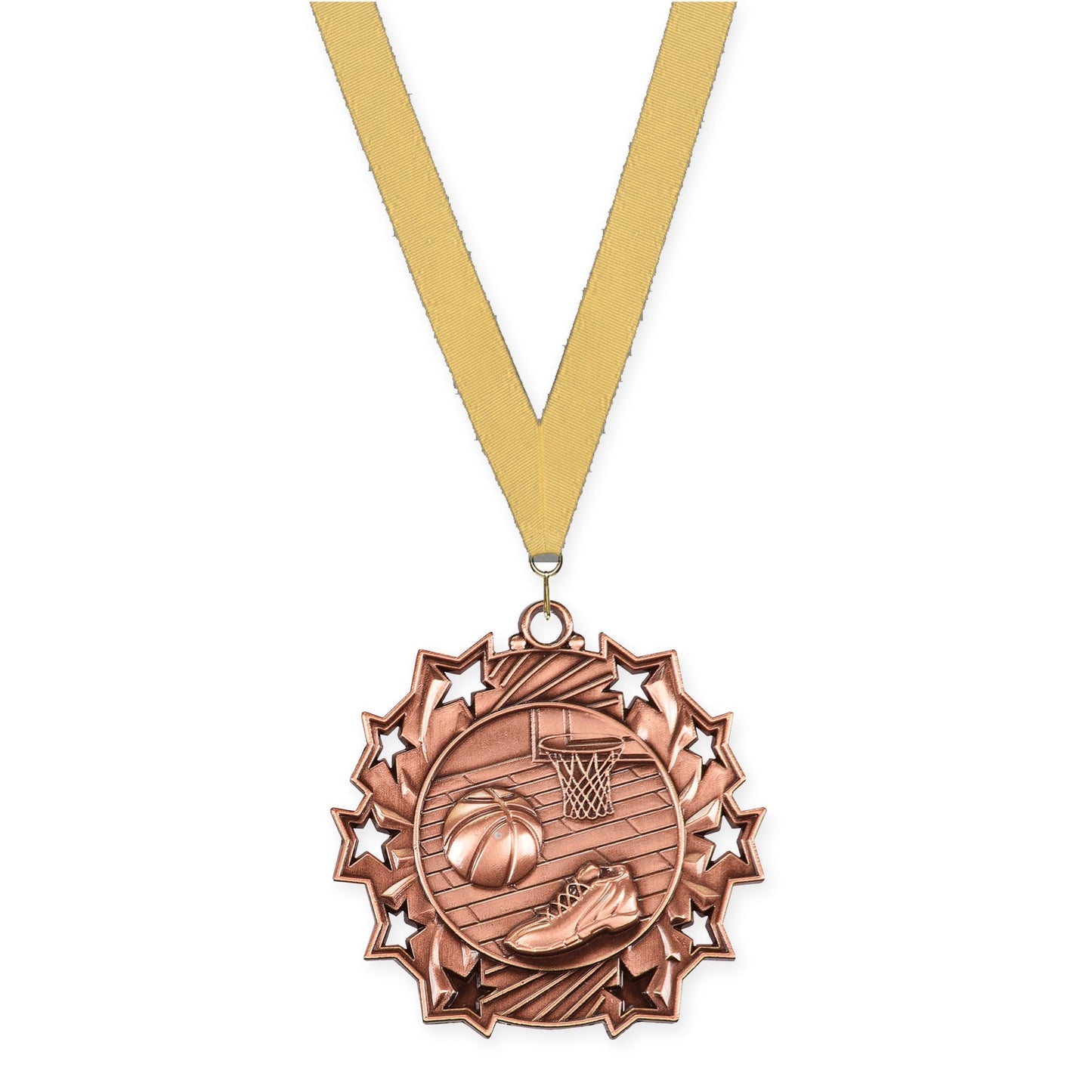 2 1/4 inch basketball Ten Star medal in antique bronze with Gold Metallic neck ribbon