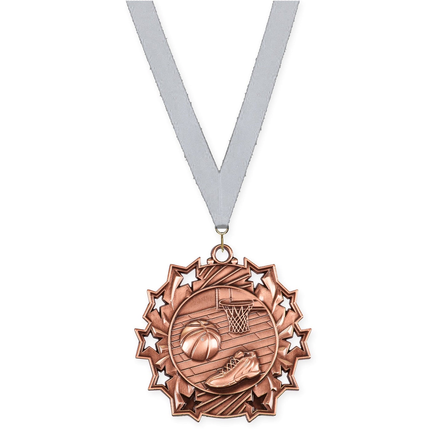 2 1/4 inch basketball Ten Star medal in antique bronze with Silver Metallic neck ribbon