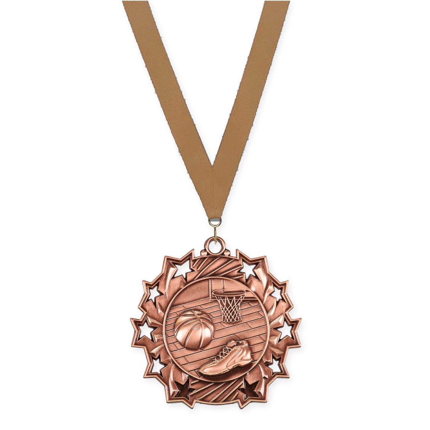 2 1/4 inch basketball Ten Star medal in antique bronze with Bronze Metallic neck ribbon
