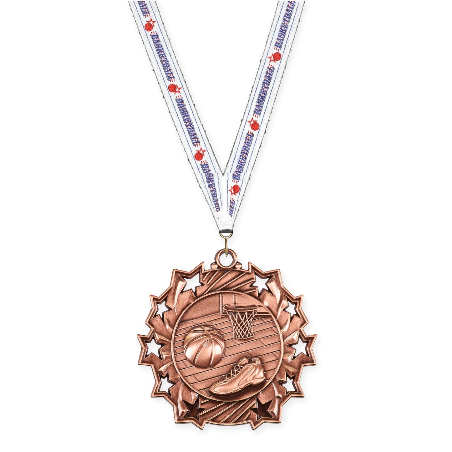 2 1/4 inch basketball Ten Star medal in antique bronze with Basketball neck ribbon
