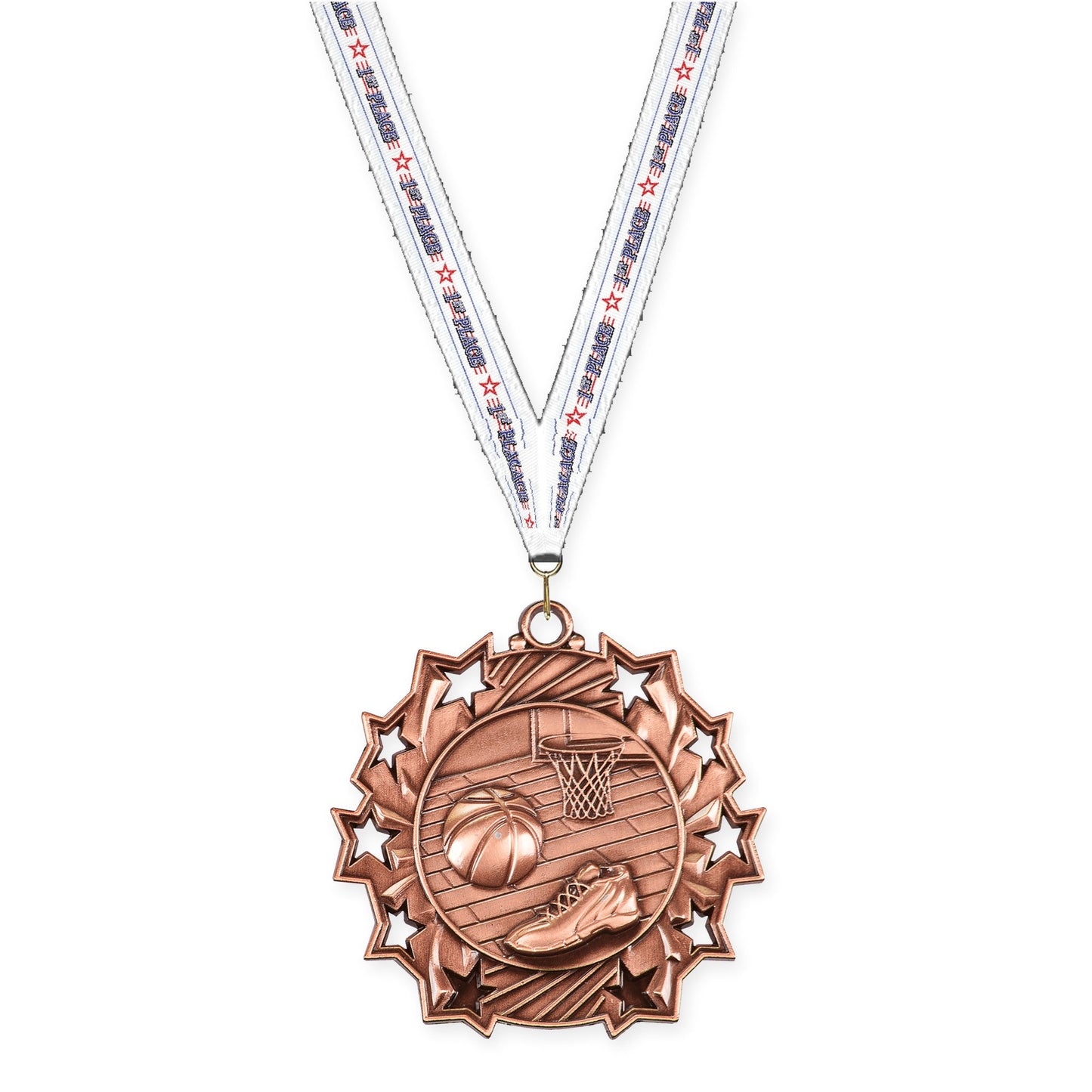 2 1/4 inch basketball Ten Star medal in antique bronze with 1st Place neck ribbon