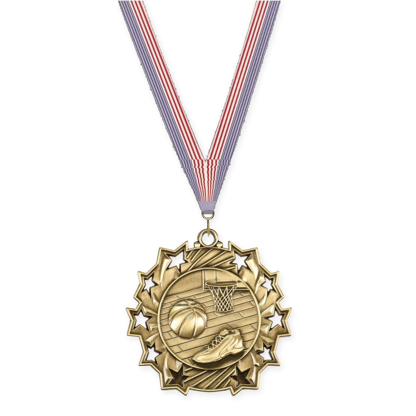2 1/4 inch basketball Ten Star medal in antique gold with USA Flag neck ribbon
