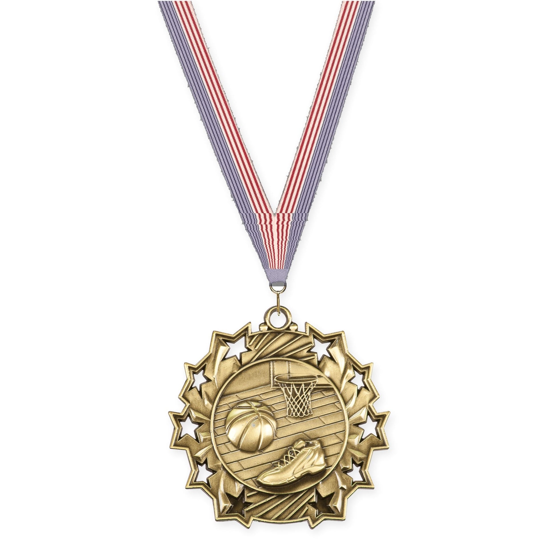 2 1/4 inch basketball Ten Star medal in antique gold with USA Flag neck ribbon
