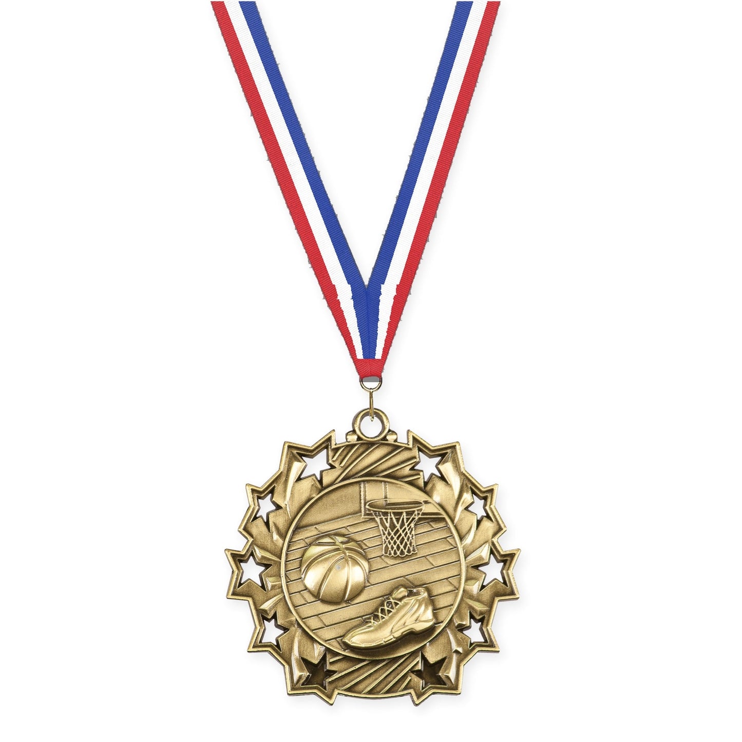 2 1/4 inch basketball Ten Star medal in antique gold with Red White Blue neck ribbon