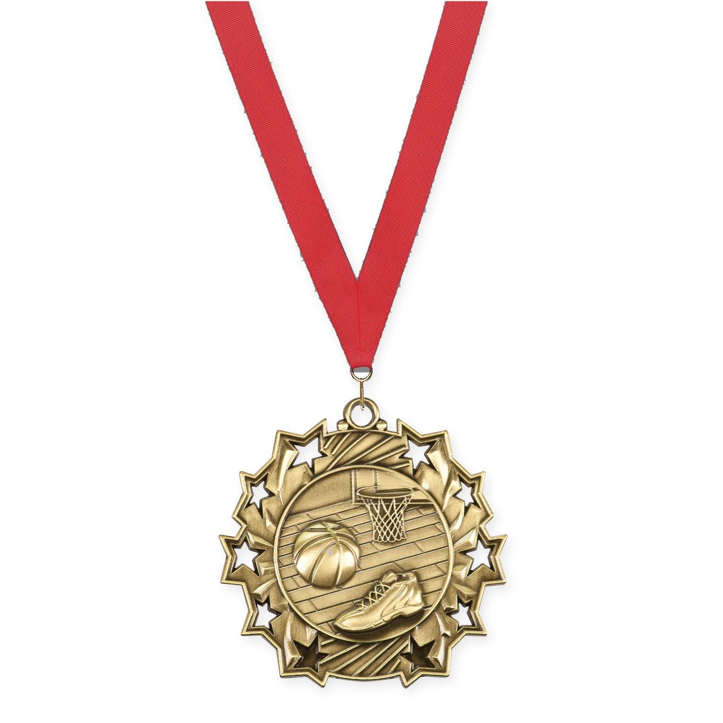 2 1/4 inch basketball Ten Star medal in antique gold with Red neck ribbon