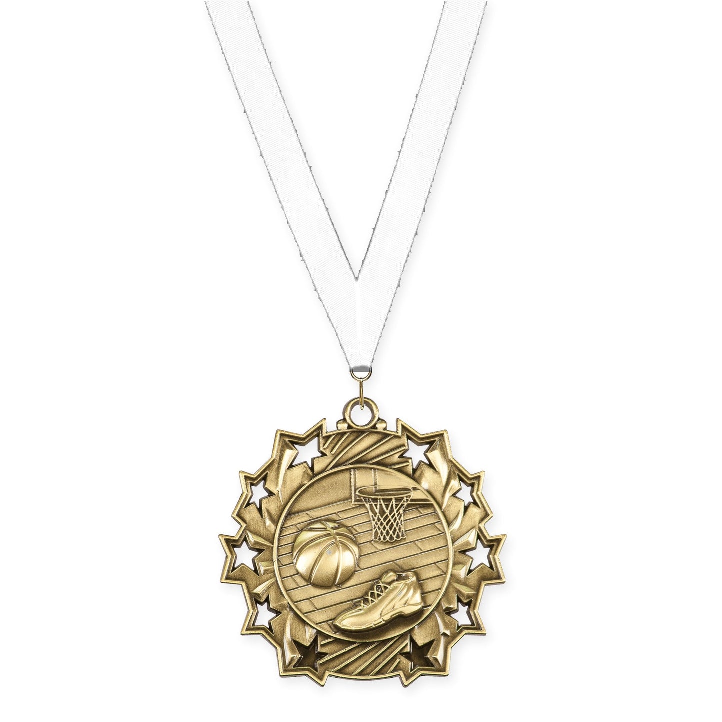 2 1/4 inch basketball Ten Star medal in antique gold with White neck ribbon
