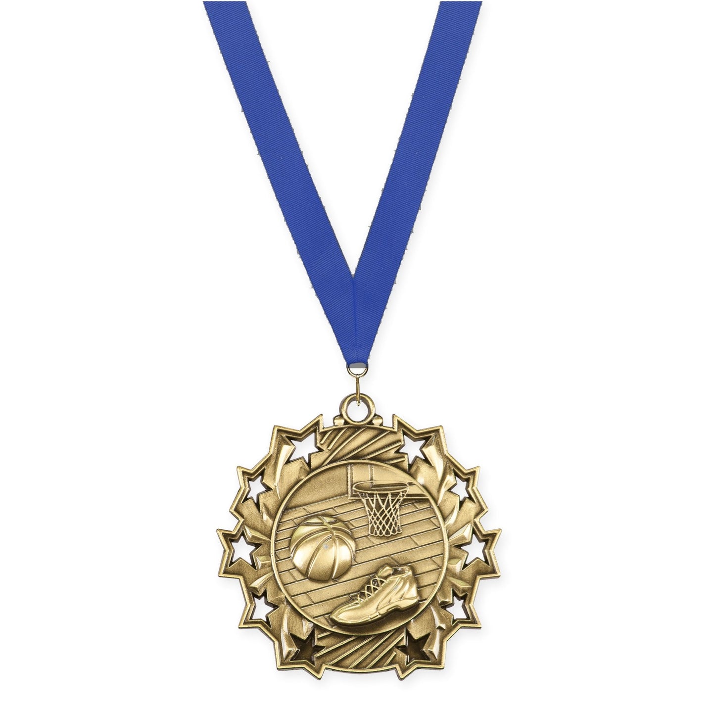 2 1/4 inch basketball Ten Star medal in antique gold with Blue neck ribbon
