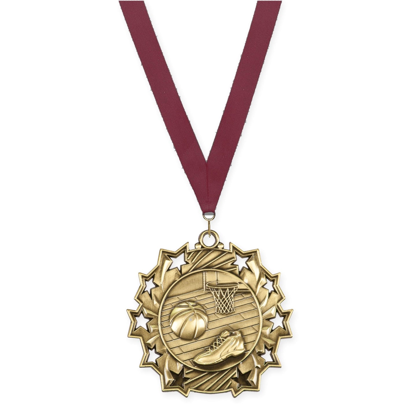 2 1/4 inch basketball Ten Star medal in antique gold with Maroon neck ribbon