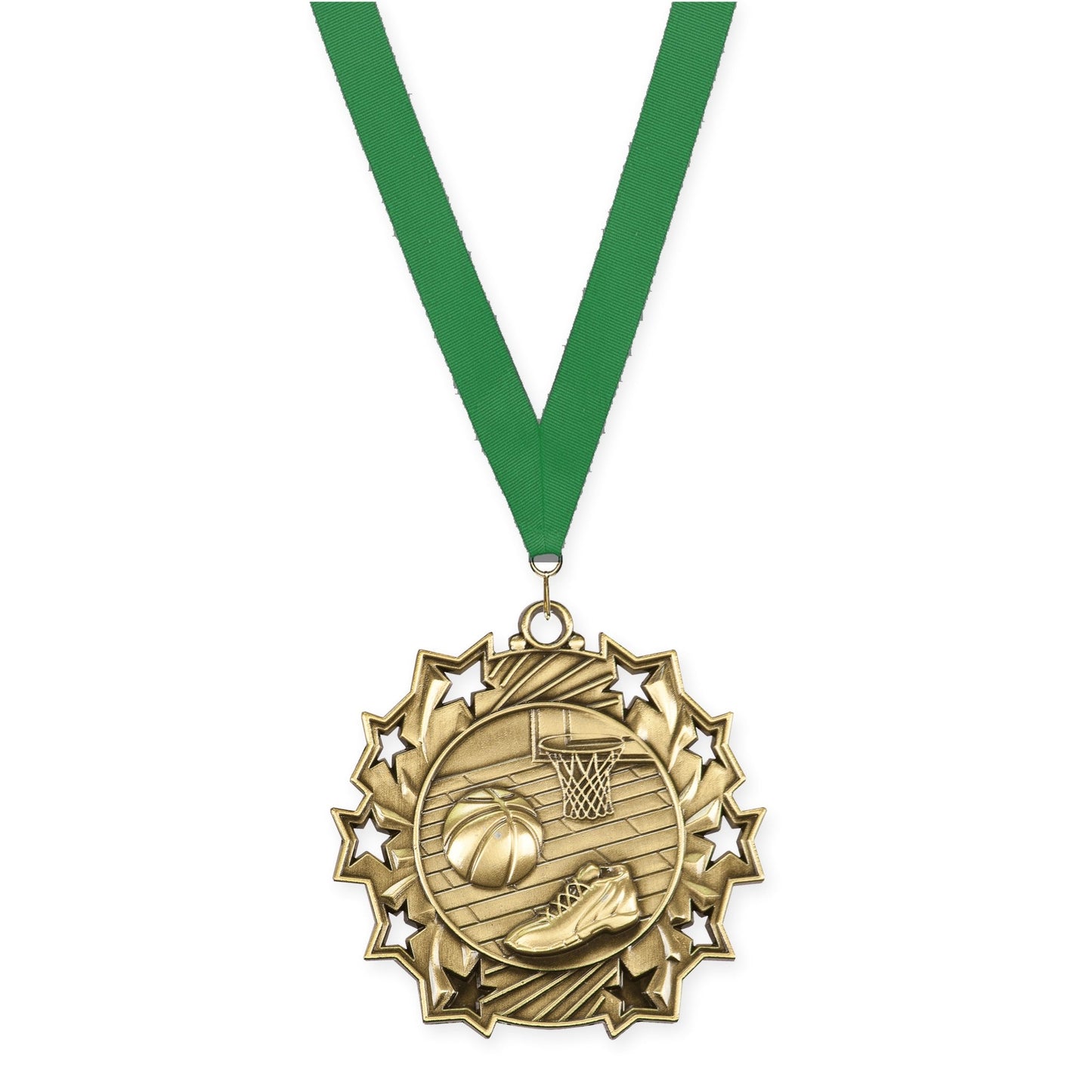2 1/4 inch basketball Ten Star medal in antique gold with Green neck ribbon