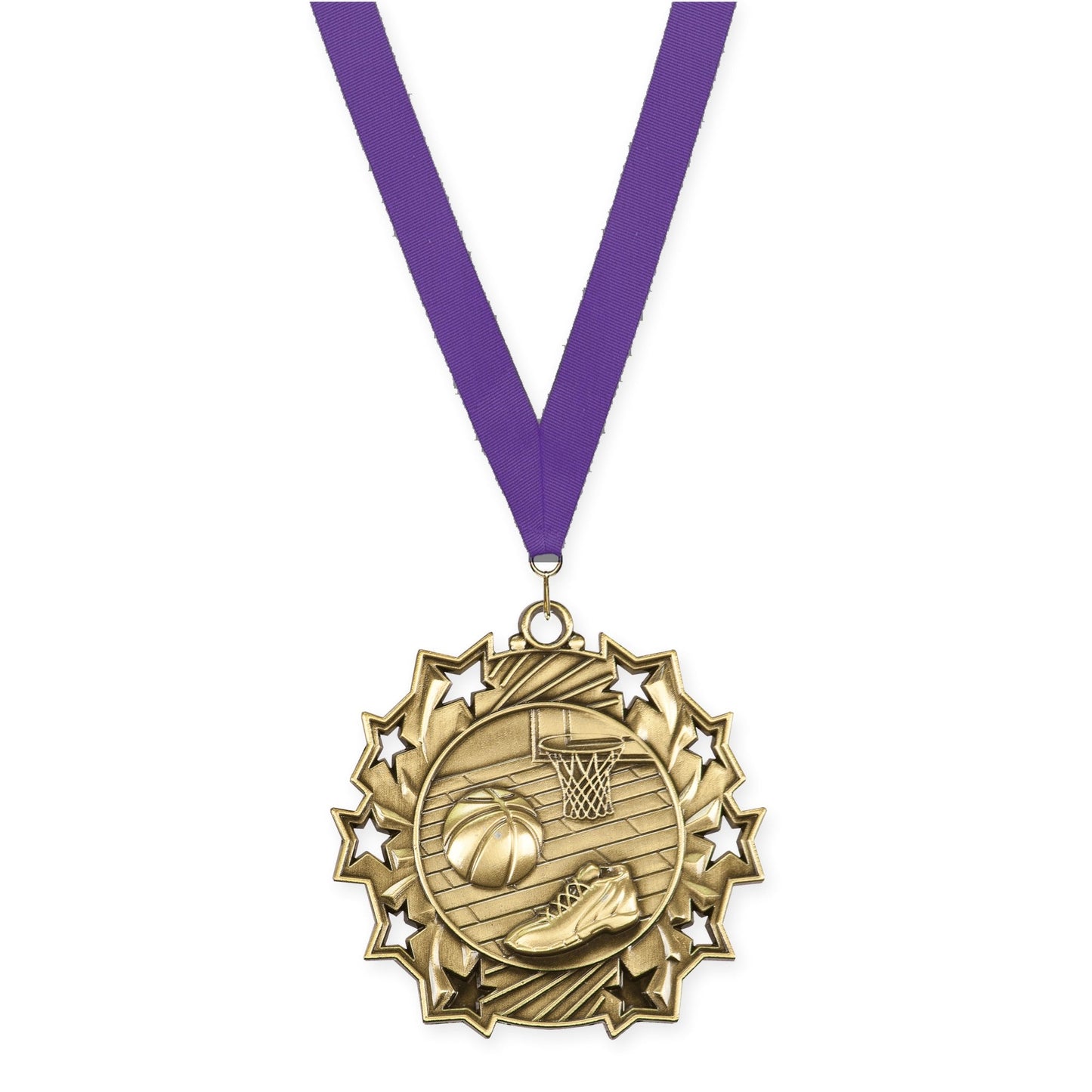 2 1/4 inch basketball Ten Star medal in antique gold with Purple neck ribbon