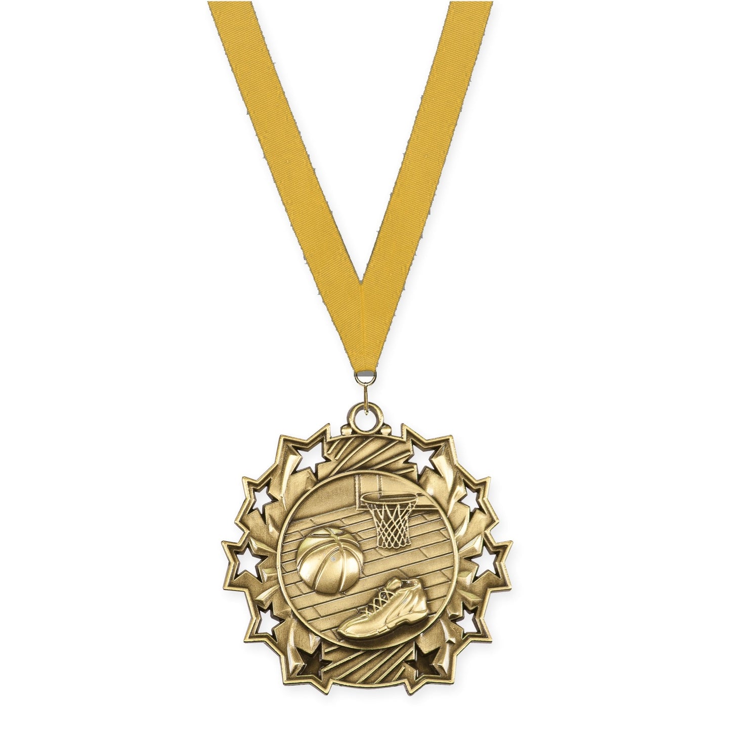 2 1/4 inch basketball Ten Star medal in antique gold with Gold neck ribbon