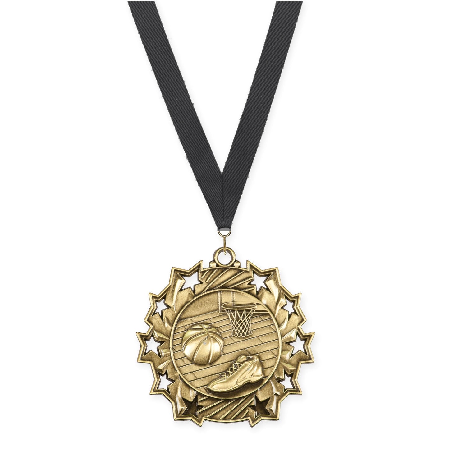 2 1/4 inch basketball Ten Star medal in antique gold with Black neck ribbon