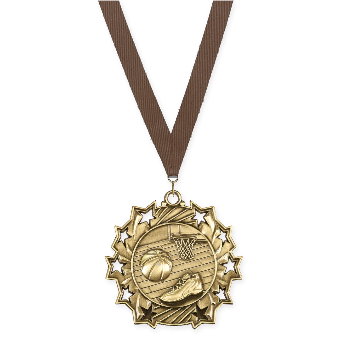 2 1/4 inch basketball Ten Star medal in antique gold with Brown neck ribbon