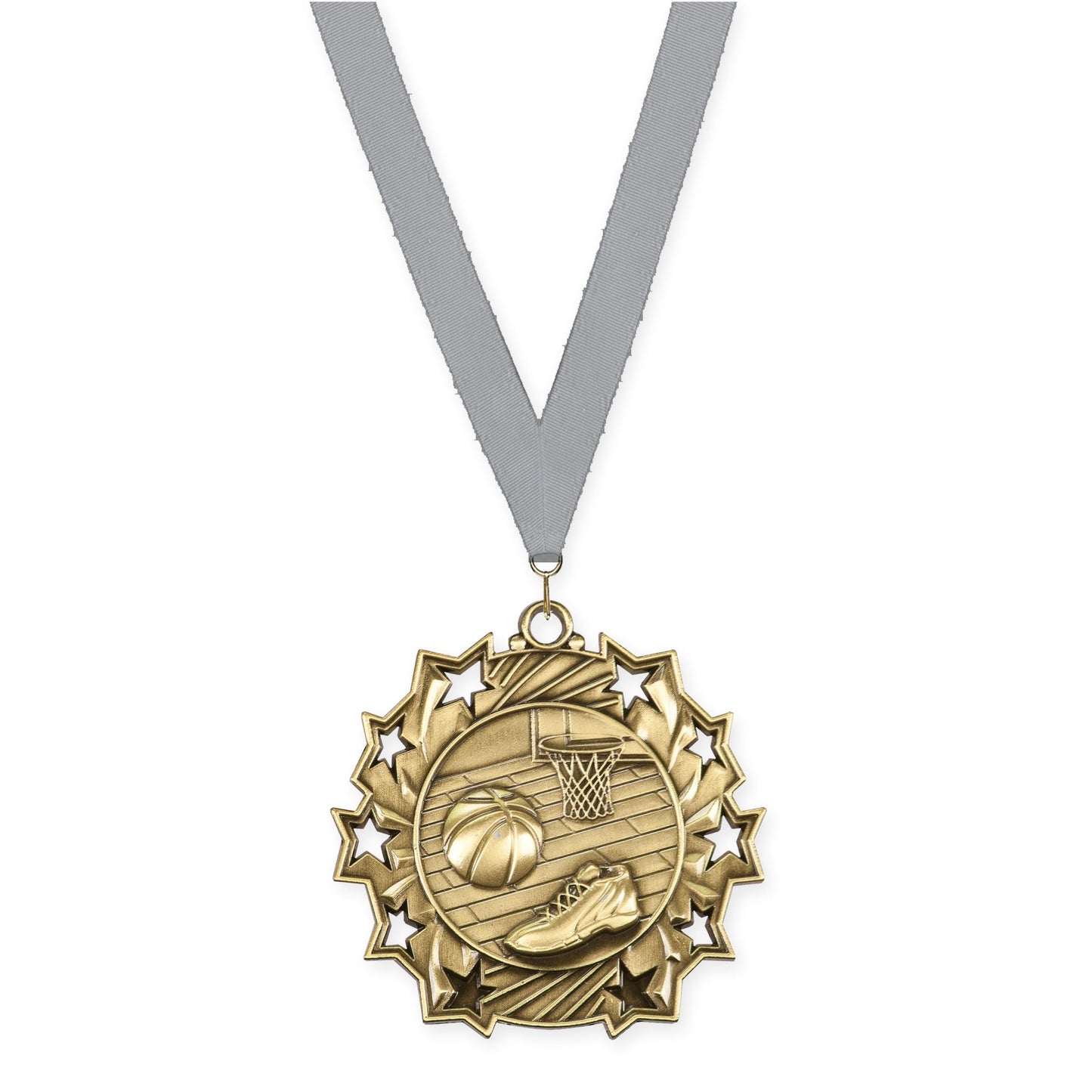 2 1/4 inch basketball Ten Star medal in antique gold with Gray neck ribbon
