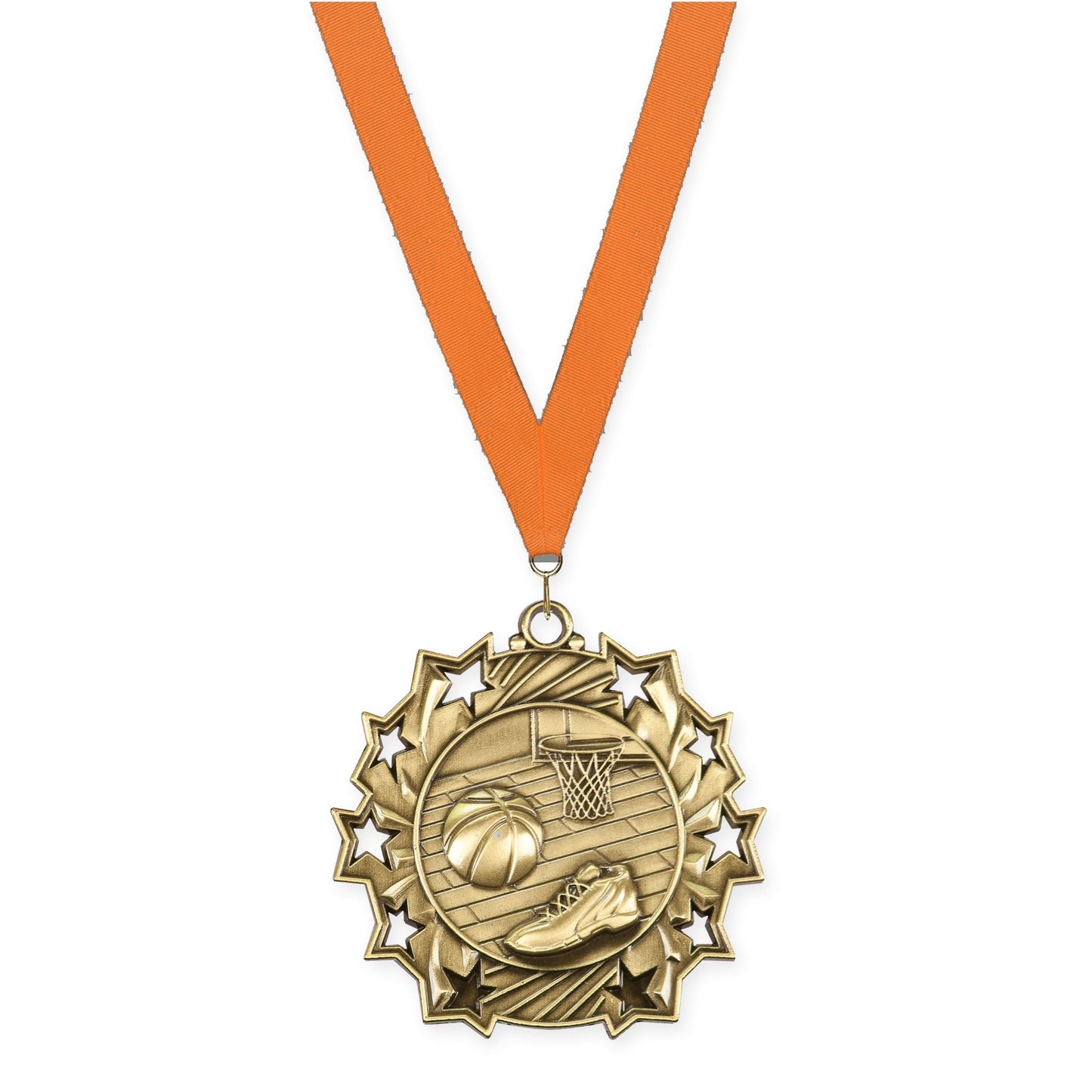 2 1/4 inch basketball Ten Star medal in antique gold with Orange neck ribbon