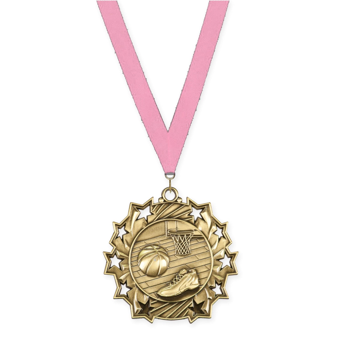 2 1/4 inch basketball Ten Star medal in antique gold with Pink neck ribbon