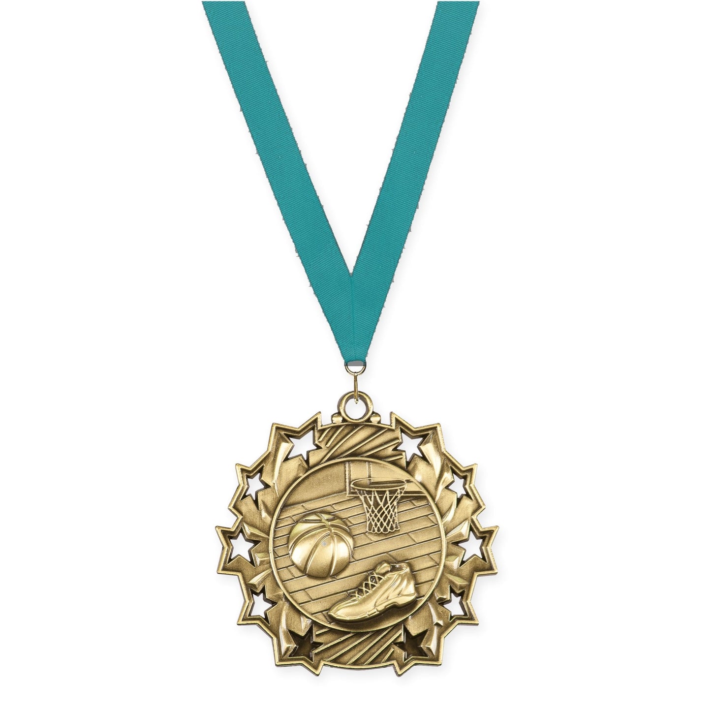 2 1/4 inch basketball Ten Star medal in antique gold with Teal neck ribbon