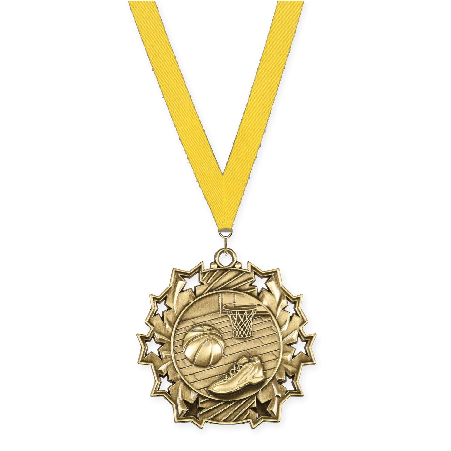 2 1/4 inch basketball Ten Star medal in antique gold with Yellow neck ribbon